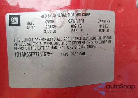 2007 Chevrolet Cobalt Ls from USA, damaged, VIN 1G1AK55F777316756